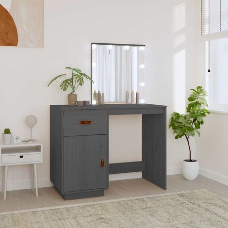 Coiffeuse avec miroir et éclairage LED USB, pin massif gris, 95 x 50 x 133,5 cm - PANGIVO (1/5)