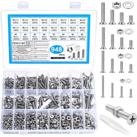 948 Pcs Vis M2 M3 M4 M5, Vis à Tête Fraisée Cruciforme et Écrous, Boulon et Écrous et Rondelles, Boulons à Tête Plate Cruciforme et Ecrous, Visserie Boulon à Tête Svasata Cruciforme in Acciaio Inox (1/5)