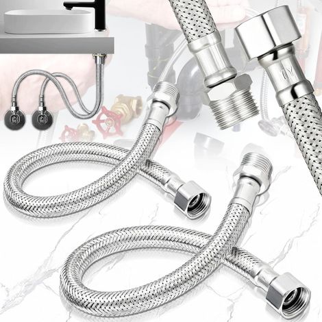 2 Pièces Flexible Robinet en Acier Inoxydable Écrou de Raccord 3/8" x Filetage Extérieur 3/8", Tuyau tressé acier inox Flexible sanitaire robinet d'angle, lavabo, cuisine, salle de bain 30CM (1/5)