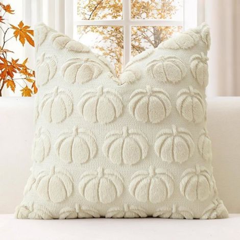 Automne Housses de Coussins 45x45cm Citrouille Décoratif Taie d'oreiller en Fausse Fourrure Douce et Moelleuse Doux (Beige Crème) (1/4)