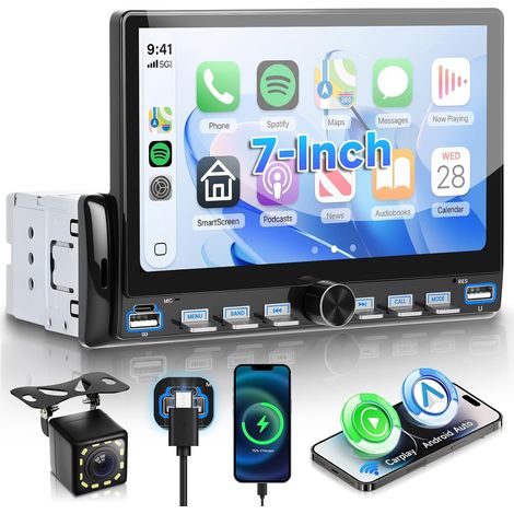 Car Radio 1 Din Piano Keys with Carplay Android Auto Wireless, 7 Inch IPS HD Touch Screen Car Radio Support Bluetooth FM Radio EQ USB/Type-C Mirror Link SWC Reversing Camera (1/5)