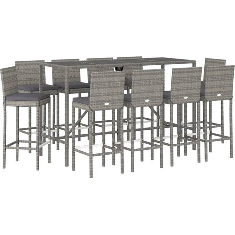 Set bar da giardino da 11 pezzi con cuscini in polyrattan grigio 020013359