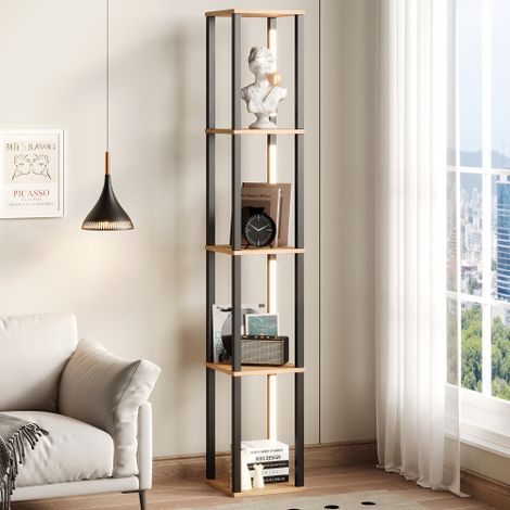 Modernluxe - Étagère moderne 26x26x165 cm - 4 niveaux de rangement - Éclairage LED - MDF - naturel + Noir (1/5)