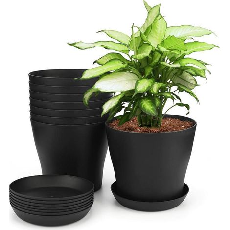 8er Set Blumentöpfe 14cm mit Untersetzern, Kunststoff, Schwarz (1/5)