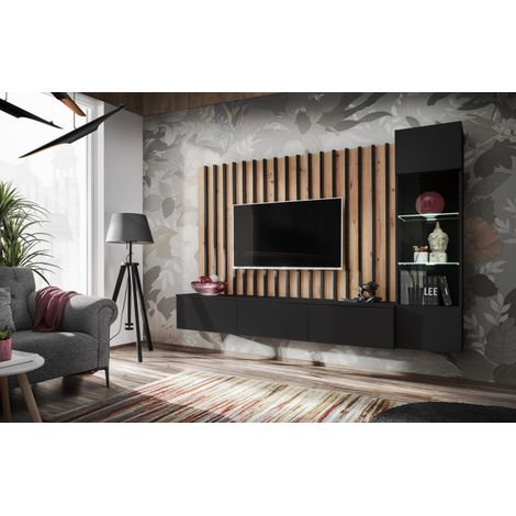 Paris Prix – Ensemble meuble TV 220cm – Panneaux stratifiés et verre – Finition mate – Système d'ouverture push & touch – Noir et naturel (1/3)