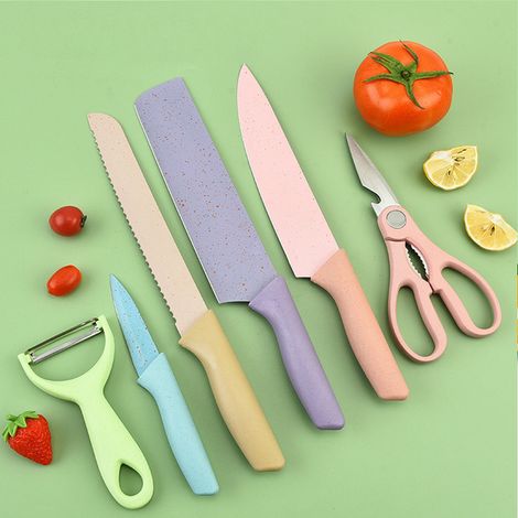 6-teiliges Küchenmesserset im Macaron-Design mit Schere und Kugellöffel, Klingen aus Edelstahl, ergonomischer Griff, praktische Geschenkidee (32,2 x 19,8 x 3 cm, 525 g) (1/4)