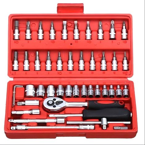Ensemble d'outils ménagers de 46 pièces, comprenant une clé multifonctions, un tournevis et un jeu de douilles portable et facile à ranger. (1/4)