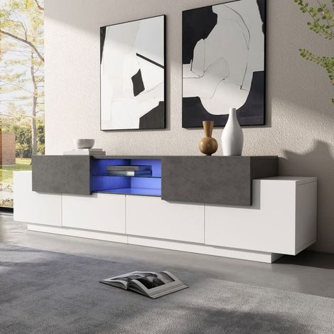 Meuble TV - SOGEU - 180 cm - Blanc & gris effet marbre - Éclairage LED RGB Bluetooth - 2 tiroirs + étagères verre (1/5)