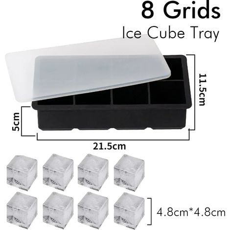 (8 alvéoles pour glaçons - 1 pièce) Moule à glaçons en silicone carré avec couvercle, idéal pour whisky, cocktails et café. (1/5)
