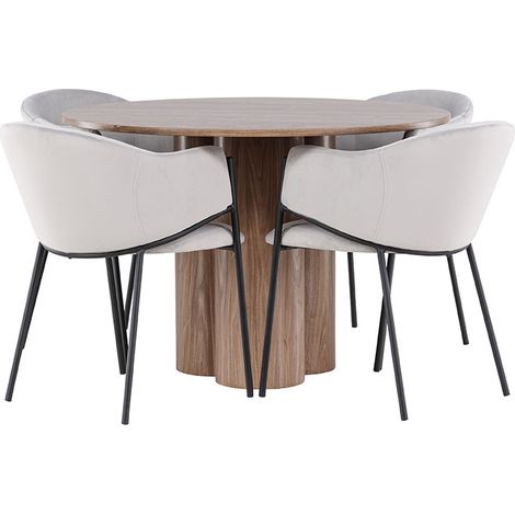 Olivia Essgruppe Tisch Ø110cm und 4 Velours Stühle mit Armlehnen braun.