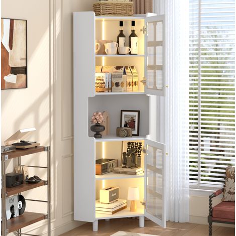 Meuble d’angle blanc avec éclairage LED, finition laquée, MDF, 63,5 x 157,5 cm, OKWISH (1/5)