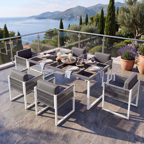 Salle à manger de jardin en corde pour 6 personnes : avec fauteuils, housses amovibles lavables (1/5)