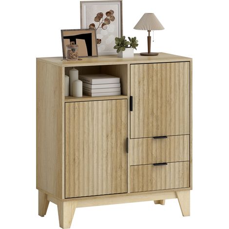 Credenza da salotto, mobile contenitore, 2 ante, 2 cassetti, ripiano regolabile, vano a giorno, 80x40x90 cm, legno naturale
