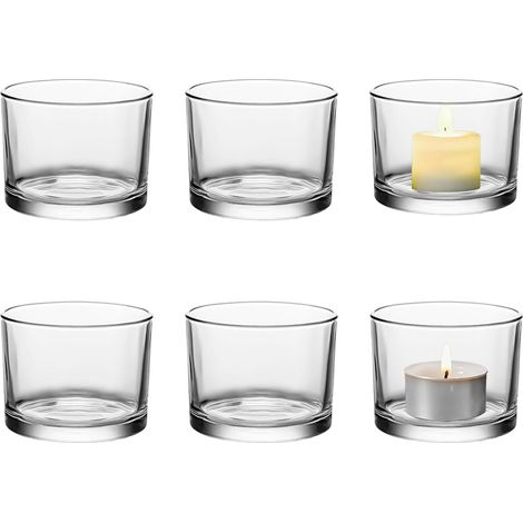 Lot de 6 photophores en verre transparent - Diamètre : 7,5 cm - Bougeoirs votifs pour bougies chauffe-plat, mariage, Noël, décoration de table, verres à chauffe-plat, petits verres (1/5)