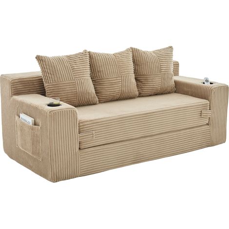 Modulares klappbares 3-Sitzer-Cordsofa in Beige mit Becherhaltern und Seitentaschen (1/5)