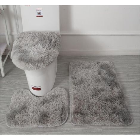 Lot de 3 tapis de salle de bain doux en microfibre Tapis de bain antidérapant et pelucheux Housse de siège de toilette pour salle de bain Tapis de bain absorbant l'eau, lavable en machine (gris