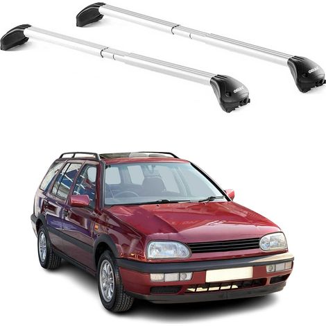 OMAC Barres de toit transversales certifiées TÜV pour VW Golf mk3 mk4 Break 1991-2003 – Verrouillables (4 antivols) – Charge max 100 kg – Sangle inox + protection caoutchouc Argent (1/4)