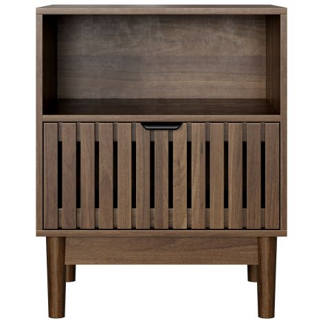 Chevet à façade à lattes couleur noyer dimensions 45×40×56,5cm, table de chevet moderne avec niche ouverte et tiroir coulissant pour chambre à coucher (1/5)