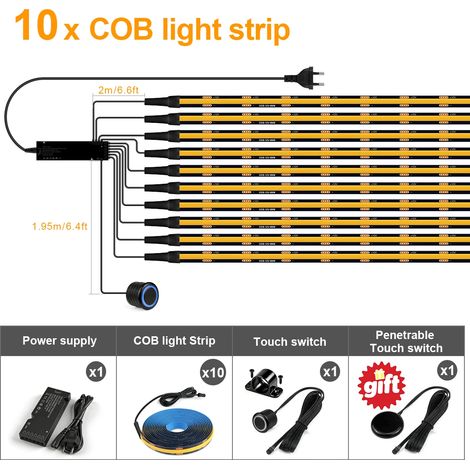 (10 bandes, lumière naturelle, 2M) Bandes LED noires, COB, interrupteur à gradation par capteur tactile double, aucun perçage requis pour l'installation. (1/5)