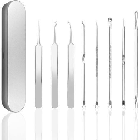 Mitesserentfernungswerkzeug, Akne-Pickel-Entferner, Nadel-Mitesserzange, Komedonenzange mit Metalletui (8 in 1)