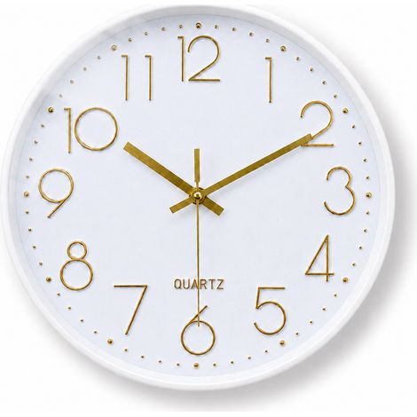 Horloge murale ronde 8 pouces silencieuse cadre blanc fond blanc chiffres dorés réf 6181 21 × 21 × 4,5 cm 300 g – Livraison gratuite