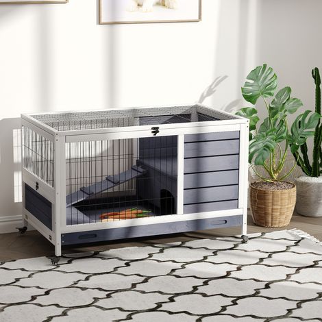 Clapier en bois à roulettes avec toit relevable, rampe d'accès, bac extensible, résistant à l'hiver, convient aux cobayes, petits animaux et lapins. Usage intérieur/extérieur. 90 x 53 x 59 cm. Blanc. (1/5)