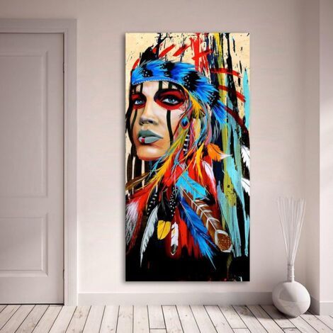 Portrait d'une femme indienne, portant une coiffe de plumes, exhalant la fierté, pour la décoration du salon (60 x 120 cm, sans cadre). (1/5)