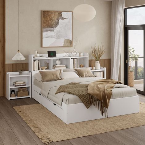 Lit Coffre Double 140x200 cm, Lit Rembourré avec 4 Tiroirs de Rangement et 2 Table de Chevet Coulissantes - Sans Matelas - Blanc (1/5)