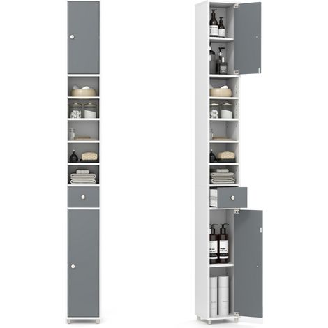 Mobile colonna da bagno con 2 ante 1 cassetto e 5 ripiani regolabili, Colonna bagno da terra salvaspazio Grigio e Bianco (1/4)