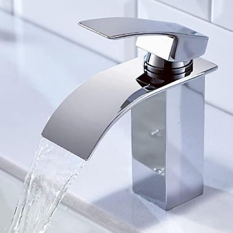 Robinet de lavabo cascade chromé , mitigeur monotrou en acier inoxydable 304, cartouche céramique durable, tuyaux antidéflagrants, économie d'eau-Modèle Argenté bas