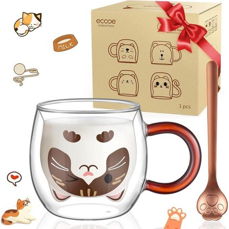 Doppelwandige Katzen Tasse 280ml Gläser Geschenk für Frauen Kinder (1/5)