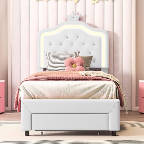 Lit fille 90x200 cm ,Lit enfant 90x200 cm avec LED,Lit princesse, 1 tiroir, lit simple, Sommier à lattes,Blanc,PU (1/5)
