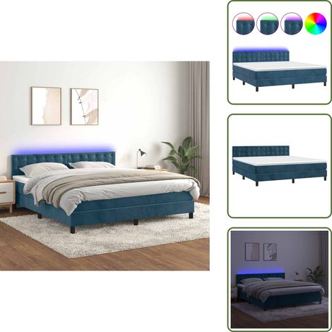 The Living Store Cama box spring colchón y LED terciopelo azul oscuro 180x200 cm - Cama box spring
