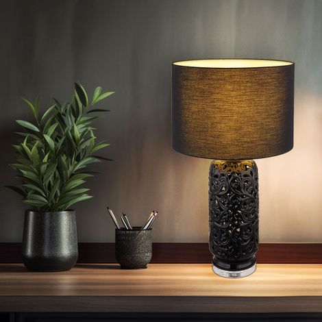Tischleuchte Keramik schwarz Beistellleuchte Textilschirm Tischlampe Wohnzimmer Modern, gemustert, E27 Fassung, DxH 40x71 cm (1/5)