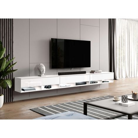 Armoire TV ALYX 300 cm – Meuble bas blanc brillant – 6 étagères avec porte push-click – Compartiments pour câbles – Furnix