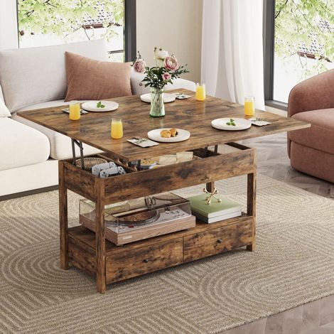 Table basse havenlyhome avec plateaurelevable, table de salon avecetagere,compartiment cache, pour salonbureau,100x50x54 cm, brun