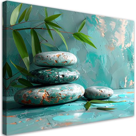 Tableau déco Pierres Zen Spa feuilles sur fond turquoise 90x60 (1/4)