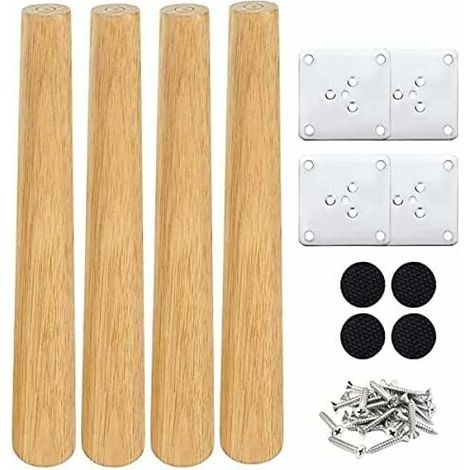 Lot de 4 pieds de meuble en bois, 30 cm, finition noyer, diamètre 60 mm, avec plaque de fixation et vis pour table, chaise, armoire (1/5)