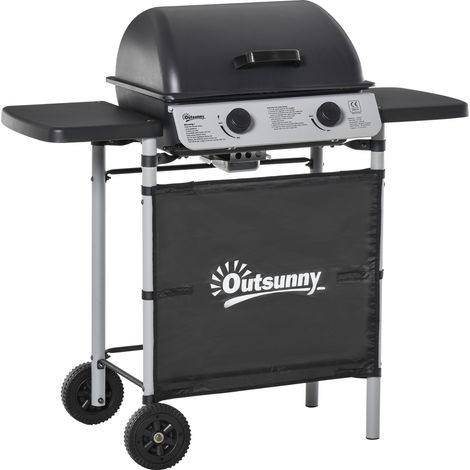 Barbecue a gas a 2 bruciatori, 5,6 kW, 2 ruote, 2 ripiani laterali e griglie in acciaio inox, 104 x 49 x 99 cm, nero.
