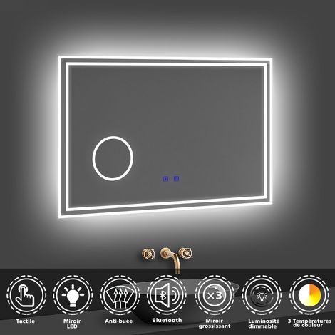 Acezanble – Miroir lumineux de salle de bain 100x60 cm – Verre 5 mm – Bluetooth intégré – 3 couleurs – Loupe x3 – Anti-buée – Installation facile