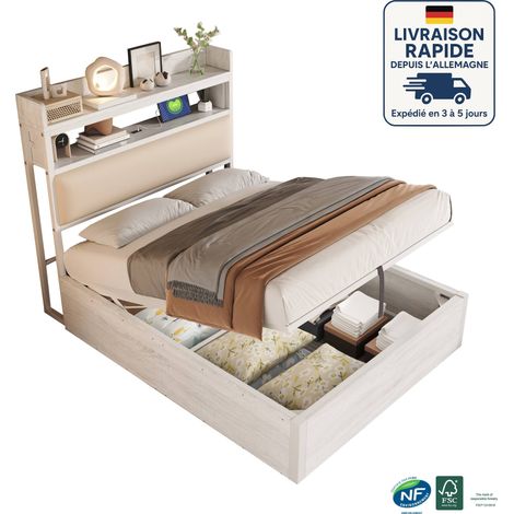 Cama 90x200 - Canapé abatible - Polipiel - Diseño vintage en madera y metal - Puerto de carga USB - Hidráulico - Color negro (1/5)