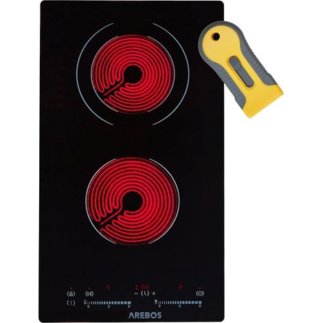 Table de cuisson vitrocéramique AREBOS - 3000 W - 2 plaques de cuisson - 30cm - Autarcique avec Sensor Touch - Sécurité enfants - Protection contre la surchauffe - Arrêt automatique - Noir