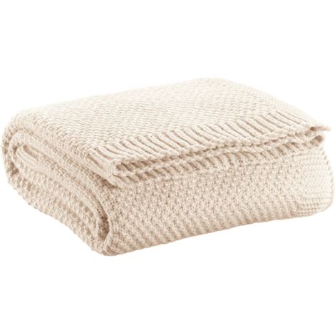 Plaid Tricoté en Polyester Recyclé Effet Mohair Point de Mousse Ivoire 130 x 160 cm - PANGIVO (1/3)