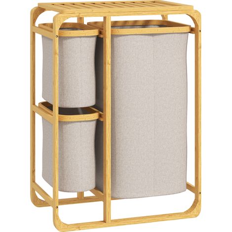 Cestino Portabiancheria in Bambù con 3 Sacchi e Ripiani in Tessuto, 50x32x69.7 cm, color Bambù e Crema