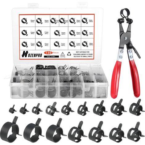 Lot de 130 colliers de serrage à ressort de 6 à 25 mm, 16 tailles, avec pince plate pivotante – Colliers de serrage à tension constante en acier pour conduites de carburant, tuyaux en silicone, vide (1/5)