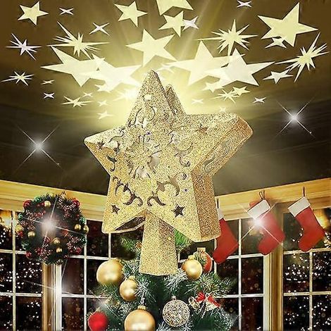 Weihnachtsbaumspitze, Weihnachtsbaumschmuck mit rotierenden Sternen und LED-Projektorbeleuchtung, goldener Sternenschmuck für den Weihnachtsbaum (1/4)