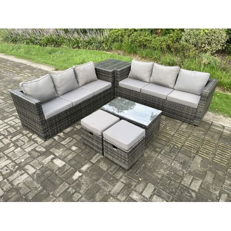 Fimous Meubles de Jardin en rotin avec Table basse Tables d'appoint 2 Petits poufs 8 places Mélange gris foncé (1/5)