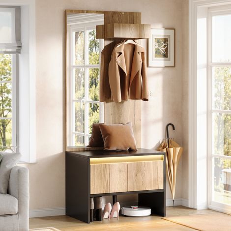 Ingresso 60x38x145 cm, appendiabiti con specchio, panca portascarpe, 2 cassetti, truciolato naturale (1/5)