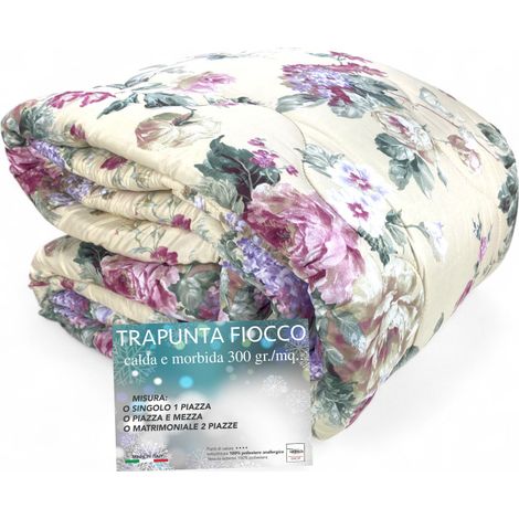 Sanderson Flower Quilt Beige Fond d'hiver, Couette chaude 300 gr/m², Motif floral élégant, Fabriqué en Italie 2 PLACES