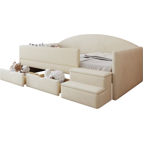Lit banquette enfant 90 x 190 cm en velours beige, avec 2 tiroirs, barrières de sécurité et marches antidérapantes, sommier à lattes, sans matelas - CHICFURN (1/5)